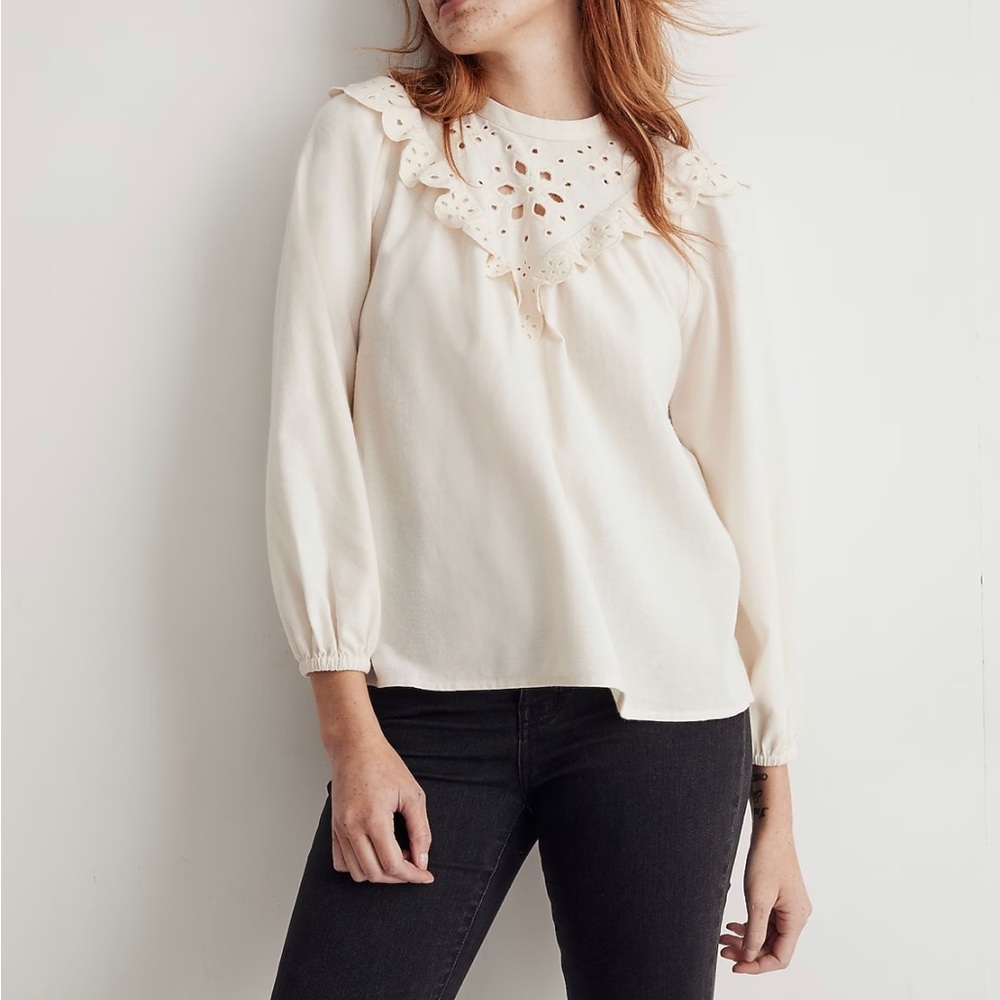 Madewell Embroidered Flannel Mockneck Top Size Medium